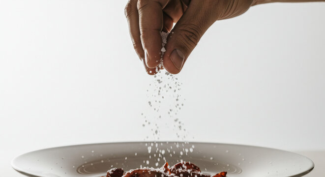 hand sprinkling salt from fingers, culinary detail, white background - Powered by Adobe
