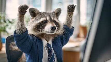 Raccoon in a business suit raising its paws in celebration or excitement at an office desk while looking at a computer screen. Animal at workplace.