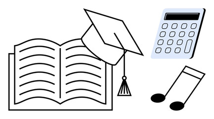 Open book with graduation cap, calculator, and musical notes symbolizing learning, study tools, creativity, and achievement. Ideal for education, knowledge, academia success learning creativity