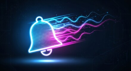 Futuristic notification bell with vibrant neon light trails for attention grabbing alerts and reminders on digital platforms and social media channels