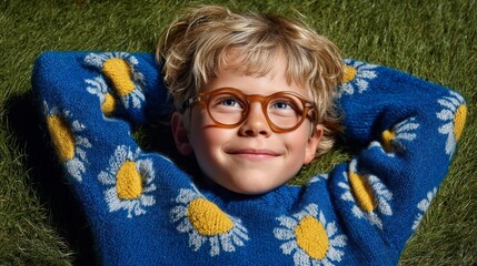 A young boy wearing glasses and a blue sweater with daisy pattern, relaxing on grass with his arms behind his head.
