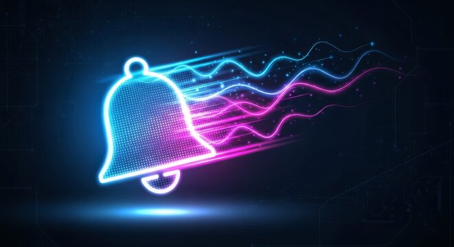 Futuristic notification bell with vibrant neon light trails for attention grabbing alerts and reminders on digital platforms and social media channels