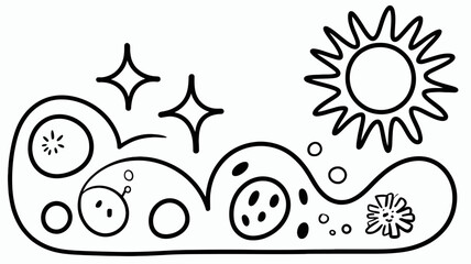 A whimsical line drawing featuring celestial bodies and abstract shapes in a playful composition