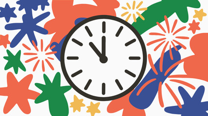 A clock showing eleven o'clock surrounded by colorful abstract shapes and starbursts on white