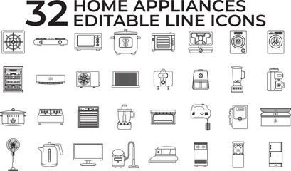 Collection set of editable line icons featuring essential home appliances such as kitchen, laundry, and cleaning devices. Perfect for web design, infographics, UI, apps, and smart home projects.