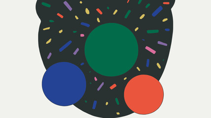 Abstract bear shape with colorful sprinkles and three circles on a white background art piece