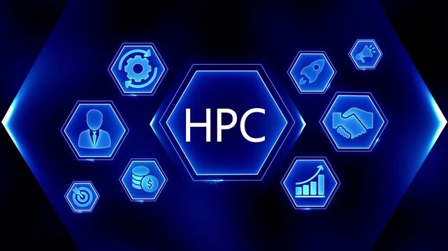 High Performance Computing H P C technology abstract background with glowing neon icons representing business growth success strategy and innovation