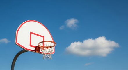 Outdoor basketball hoop under bright blue sky inspires sports and recreation content with clean design and fresh aesthetic for summer campaigns