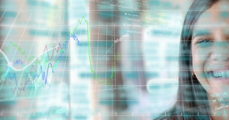 Professional woman closing eye, activating financial grid on window for monitoring stock trends - Powered by Adobe