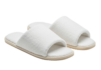 Pair of fluffy white hotel slippers isolated on transparent background, comfortable footwear for spa and relaxation PNG