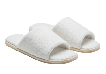 Pair of fluffy white hotel slippers isolated on transparent background, comfortable footwear for spa and relaxation PNG
