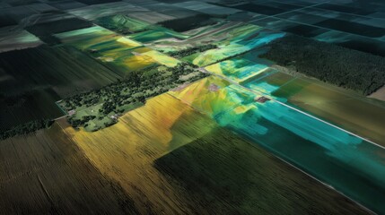 Aerial abstract farmland — green, orange & teal gradient for agricultural reports, presentations and backgrounds