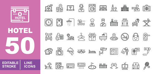 Hotel set of web icons in line style. Exclusive hotel line icon collection. Containing hotel, service, location, laptop, service, washingmachine, dinner, wine, hotel. Editable stroke. Vector 