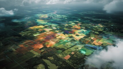 Aerial abstract farmland — green, orange & teal gradient for agricultural reports, presentations and backgrounds