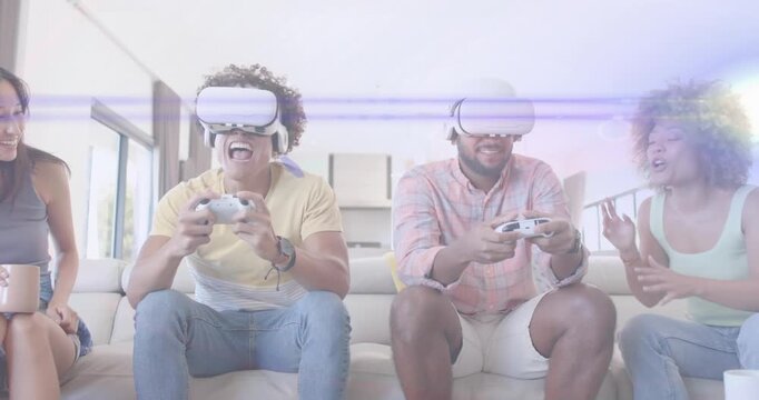 Friends putting on VR headsets holding controllers and navigating game world for gaming session