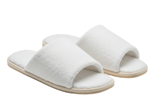 Pair of fluffy white hotel slippers isolated on transparent background, comfortable footwear for spa and relaxation PNG