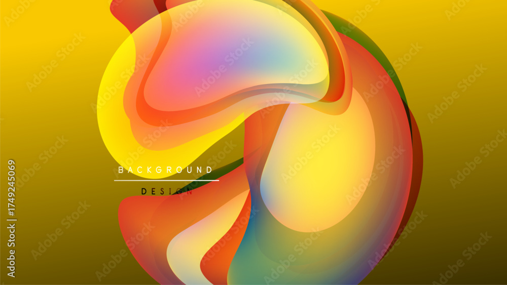 Wall mural abstract fluid shapes overlap, creating vibrant color gradients. yellow background emphasizes flowin