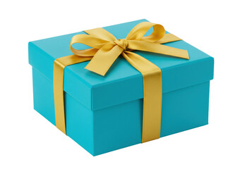 Isolated gift box with golden ribbon and bow against neutral backdrop, present for holiday