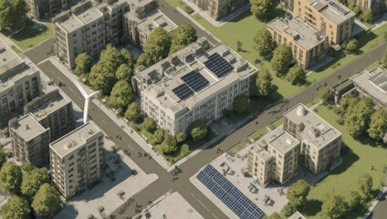 Fototapeta premium Bird's-eye view of a city with buildings, solar panels, a wind turbine, and green spaces