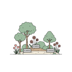 Eco burial memorial park with bench and trees, green cemetery landscape, isolated on white