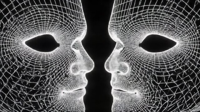 A mesmerizing white wireframe human face, formed from glowing lines and triangles, dynamically transforms and merges against a stark black void. Concept of futuristic digital identity