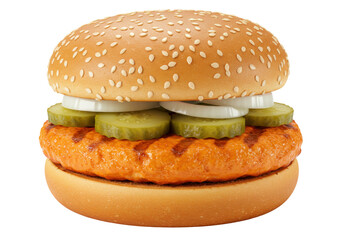 Delicious chicken burger with pickles and onion isolated on transparent background, appetizing fast food for restaurant menu