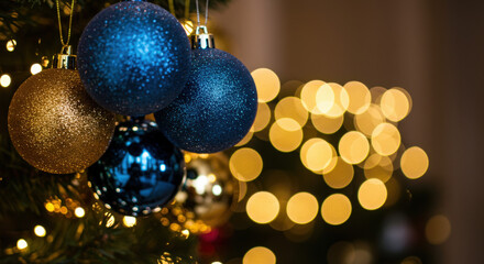 Hanging blue and gold Christmas baubles covered with glitter, blurred warm yellow bokeh lights in the background, shallow depth of field