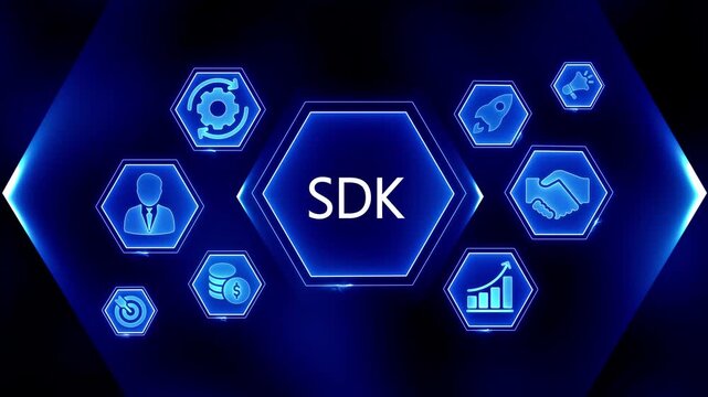 Software Development Kit concept with business icons and financial growth symbols on a dark blue futuristic background with neon glow