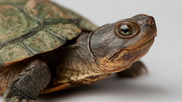 This intricately detailed close-up shot captures the unique features of a turtle, highlighting its textured shell and distinct facial characteristics in natural light.