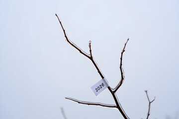 Frozen branch with a tag marked with the year 2026 on it