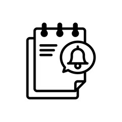 Outline notification icon representing an alert or reminder on a notepad with a bell symbol and speech bubble on a transparent background