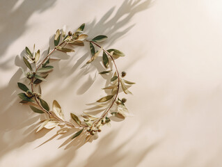Olive branch wreath with green olives and dappled light