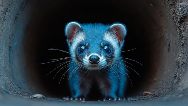 Adorable Ferret Peeking Out of Burrow in the Dark.