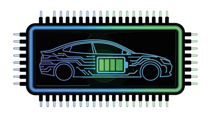Electric car circuit board with battery outline inside of a microchip on a white background