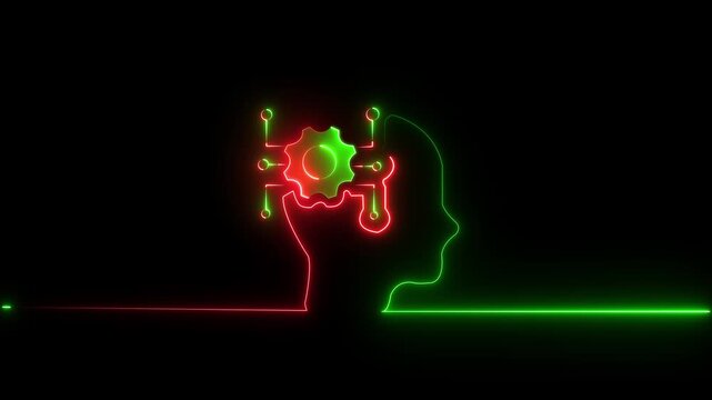 Neon glowing man had setting circuit icon animation. on black background......