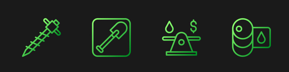 Set line Oil money, Construction jackhammer, Shovel and Barrel oil. Gradient color icons. Vector