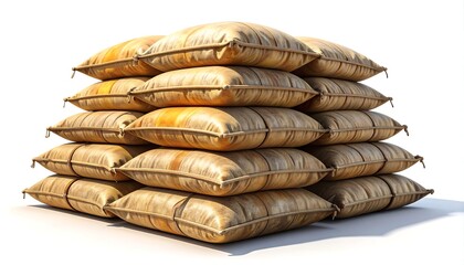 Stacked square beige cushions casting a shadow against a white background
