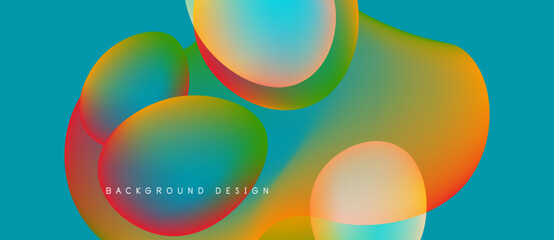 Abstract colorful shapes overlap. Vibrant gradients create fluid forms against teal backdrop. Modern design element for backgrounds.