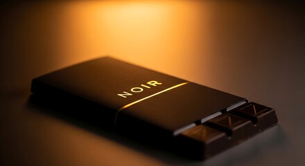 Dark chocolate noir bar with sleek packaging presented on a warm backdrop