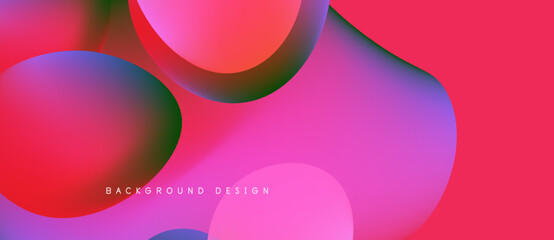 Abstract fluid shapes blend vibrant pinks, blues, reds. Modern design evokes energy, movement, smooth transitions. Background features text.