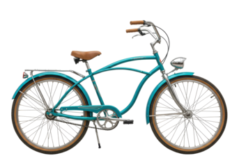 Isolated Teal Cruiser Bicycle with Brown Seat and Hand Grips for Leisure and Recreation
