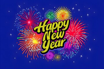 Happy new year with colorful fireworks on a blue background
