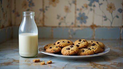 Milk and chocolate chip cookies on a marble table