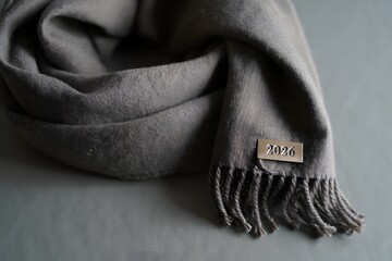Fototapeta premium Gray knitted scarf with fringe, isolated on white background