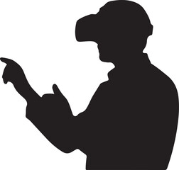 Black silhouette of a person wearing a virtual reality headset and pointing with their index finger VR headset
