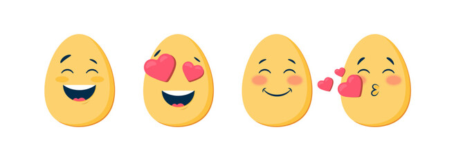 Easter eggs smiling funny smiley face emoticons. Falling in love, air kiss, happiness. Smileys for expressing emotions