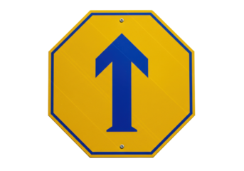 Isolated Yellow Octagon Sign Directing Movement Straight Ahead and Upward with a Blue Arrow