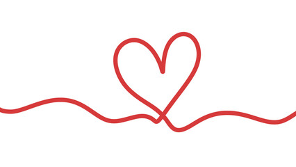 Red heart shape outline drawing on white background, simple continuous line illustration for love, romance and love concepts. Transparent background.