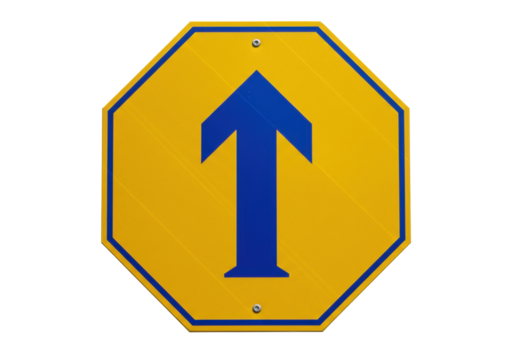 Isolated Yellow Octagon Sign Directing Movement Straight Ahead and Upward with a Blue Arrow