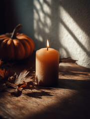 Bougie allum&eacute;e et citrouilles sombres sur table en bois, ambiance automnale chaleureuse et myst&eacute;rieuse d&rsquo;Halloween